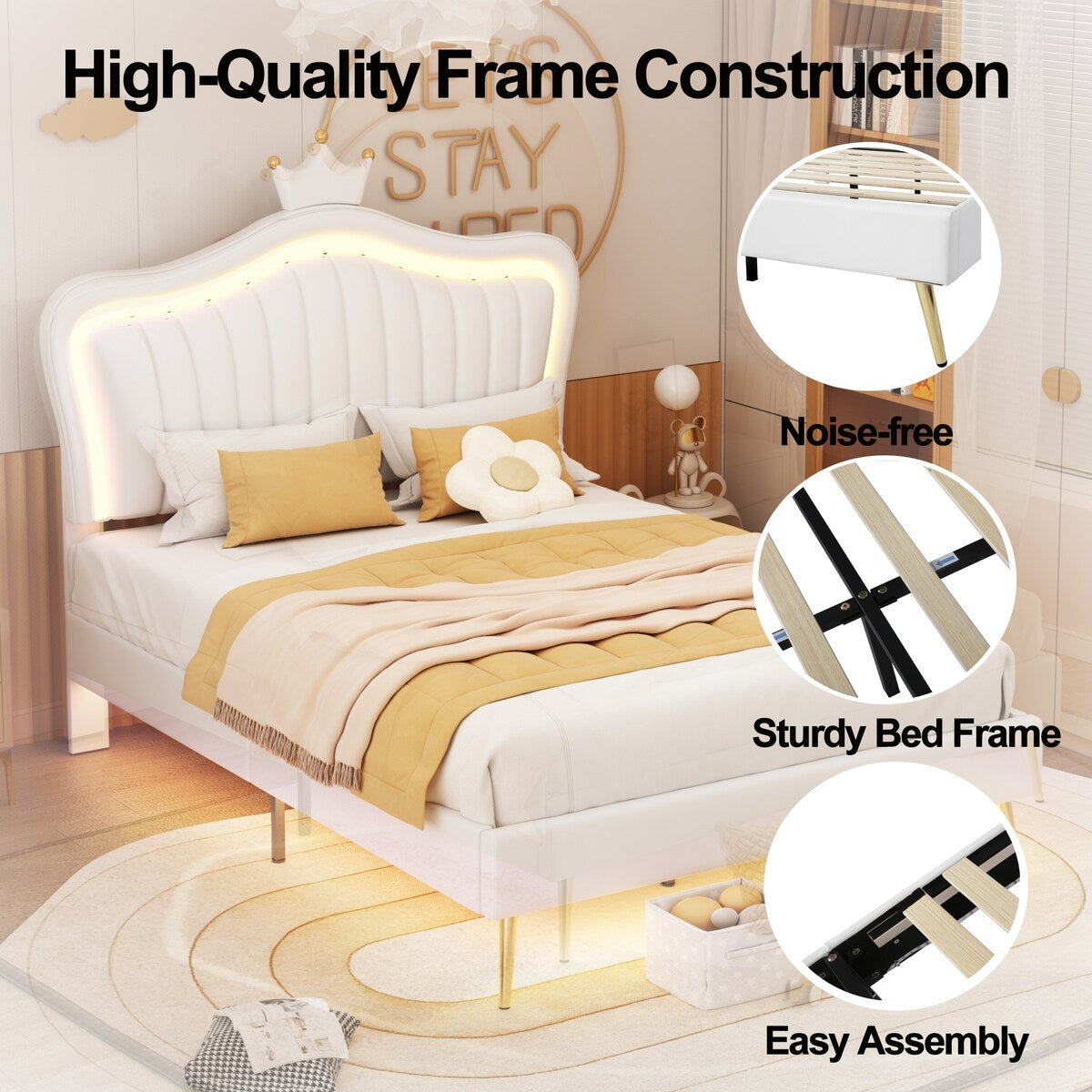 Full/Queen Size Modern Upholstered Princess Bed With Crown Headboard And LED Lights