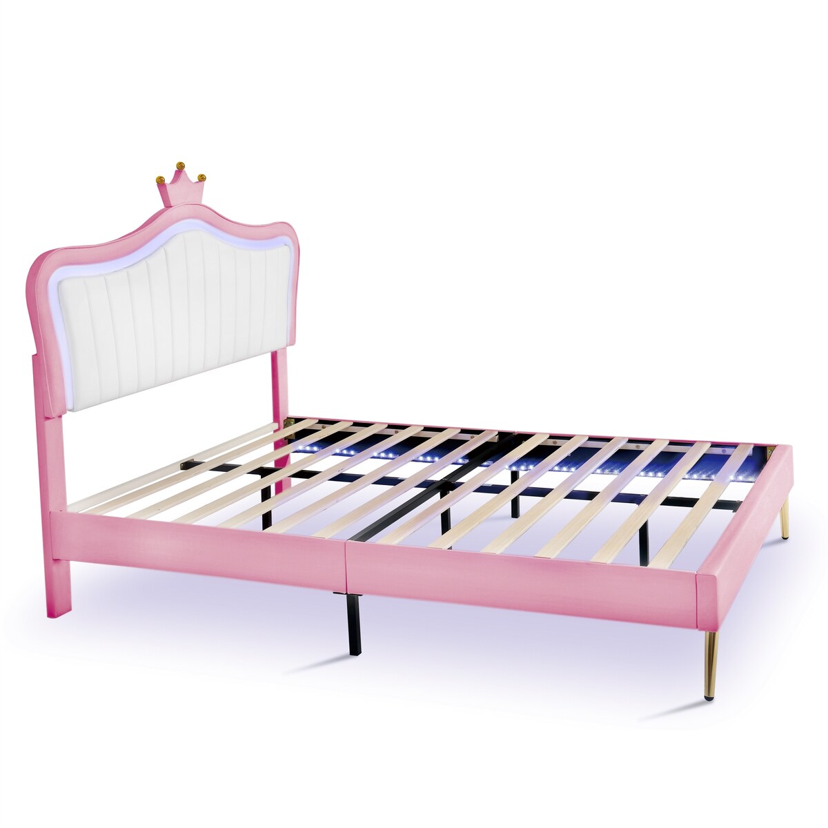 Full/Queen Size Modern Upholstered Princess Bed With Crown Headboard And LED Lights
