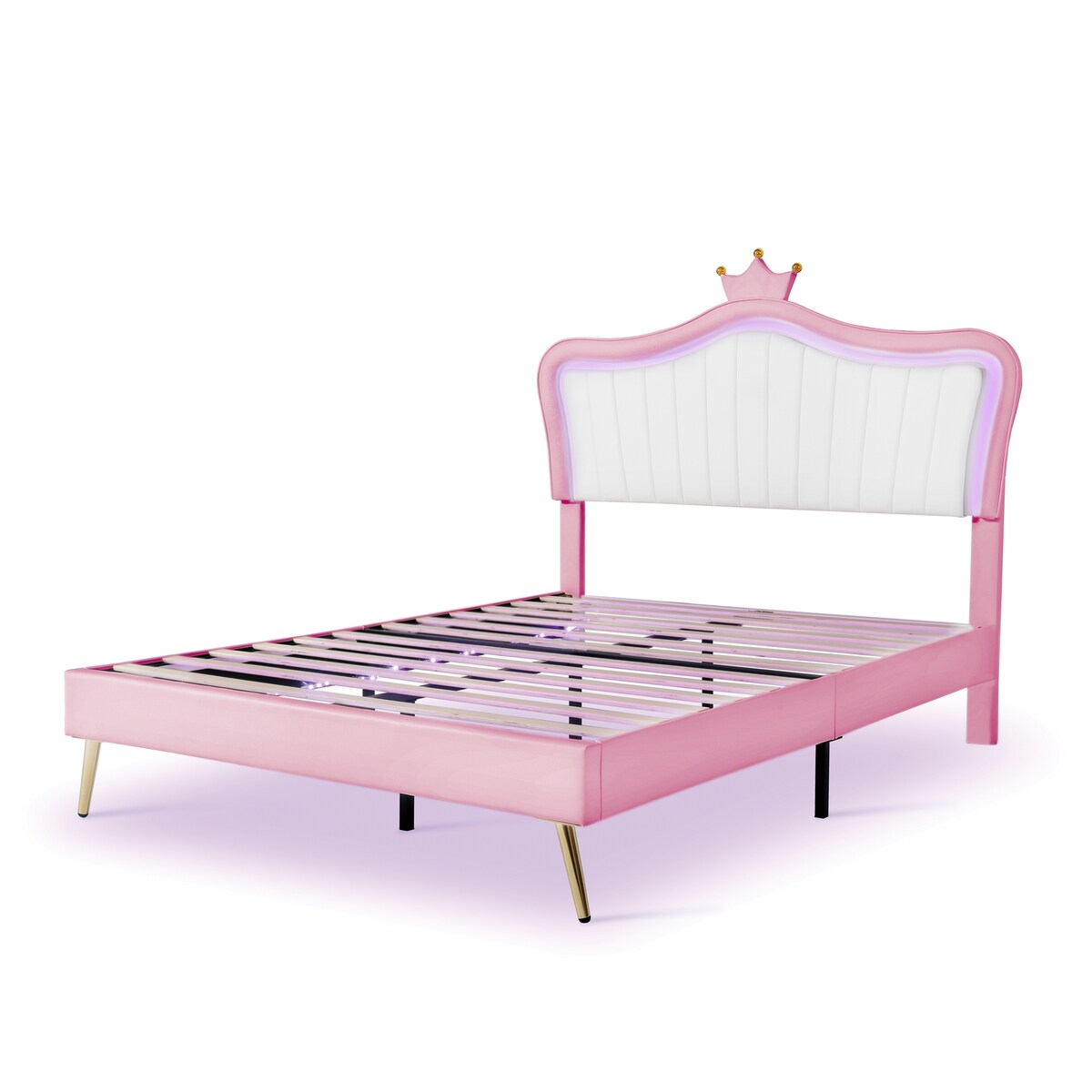Full/Queen Size Modern Upholstered Princess Bed With Crown Headboard And LED Lights
