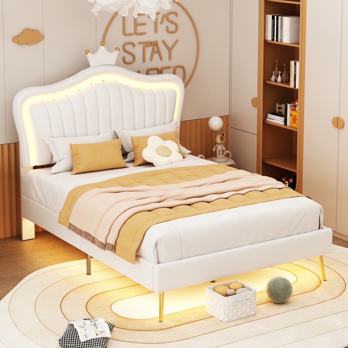 Full/Queen Size Modern Upholstered Princess Bed With Crown Headboard And LED Lights