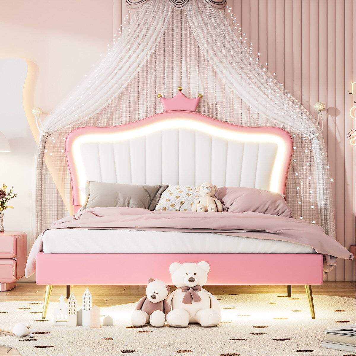Full/Queen Size Modern Upholstered Princess Bed With Crown Headboard And LED Lights