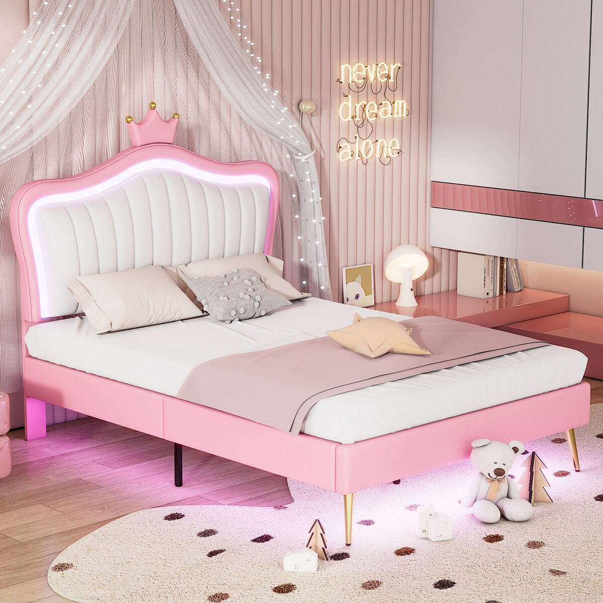 Full/Queen Size Modern Upholstered Princess Bed With Crown Headboard And LED Lights