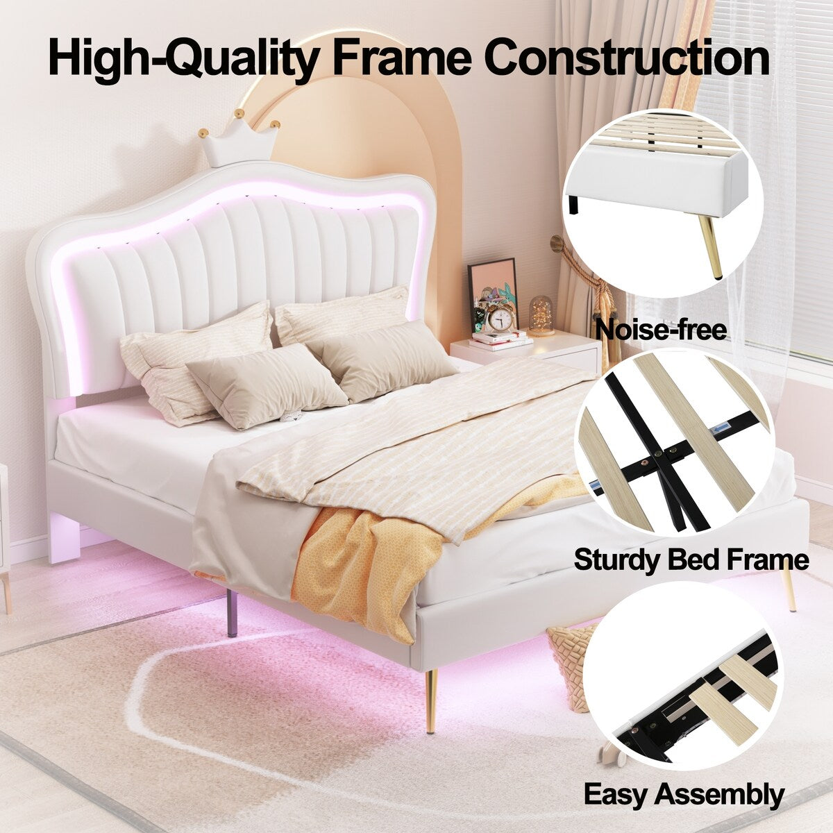 Full/Queen Size Modern Upholstered Princess Bed With Crown Headboard And LED Lights