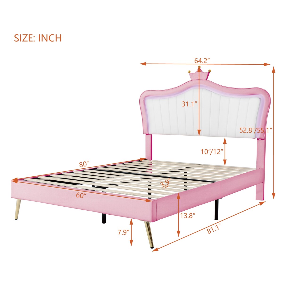 Full/Queen Size Modern Upholstered Princess Bed With Crown Headboard And LED Lights