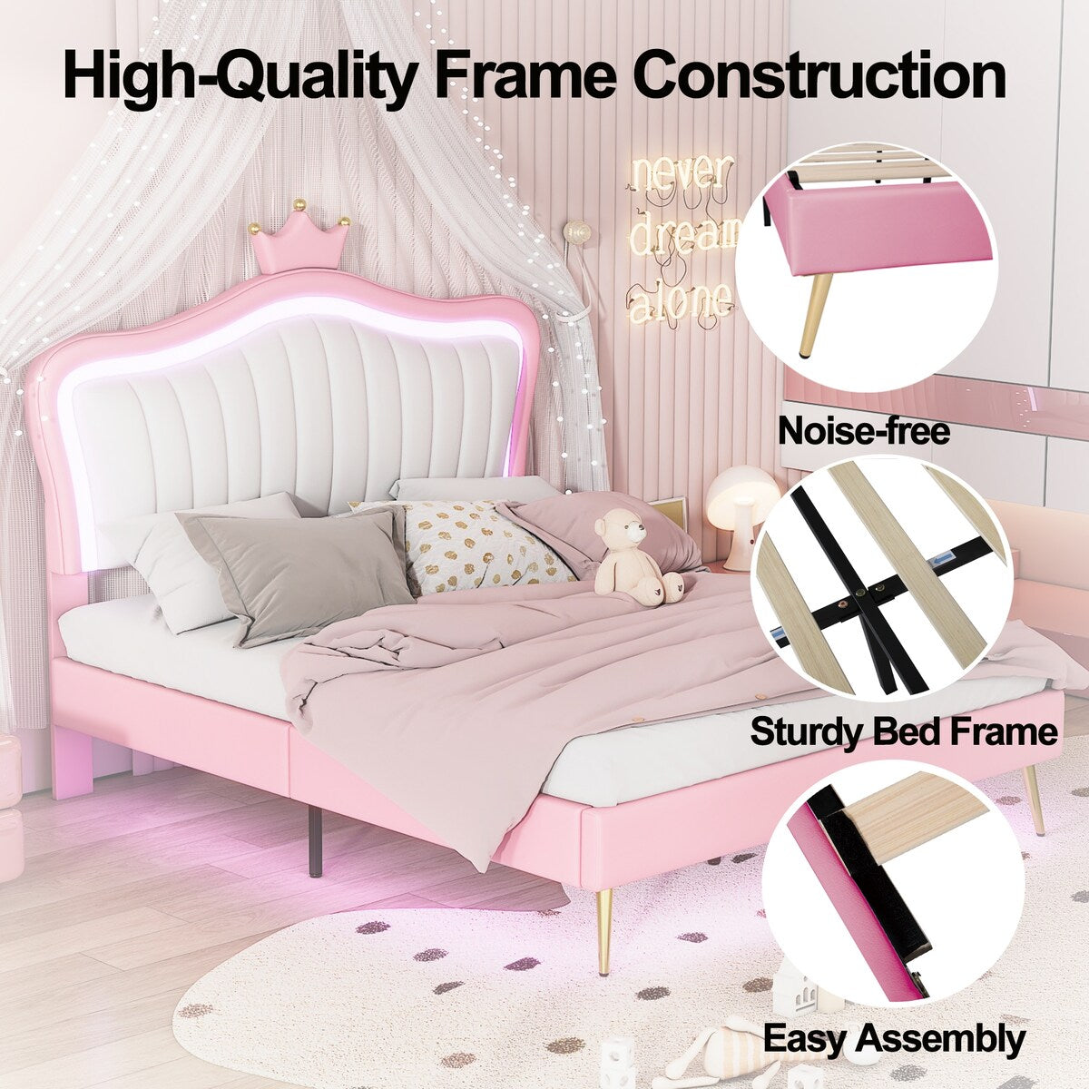 Full/Queen Size Modern Upholstered Princess Bed With Crown Headboard And LED Lights