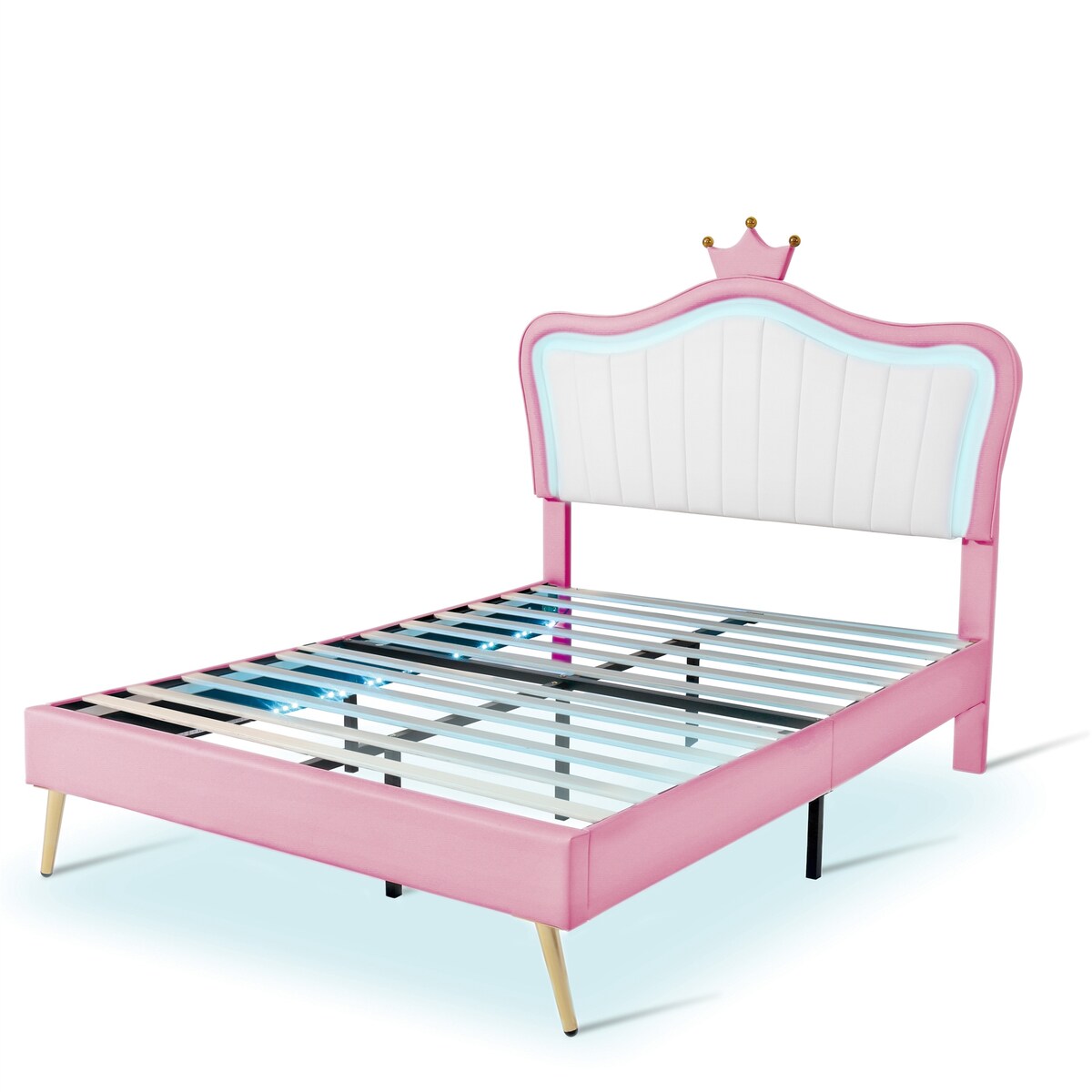 Full/Queen Size Modern Upholstered Princess Bed With Crown Headboard And LED Lights
