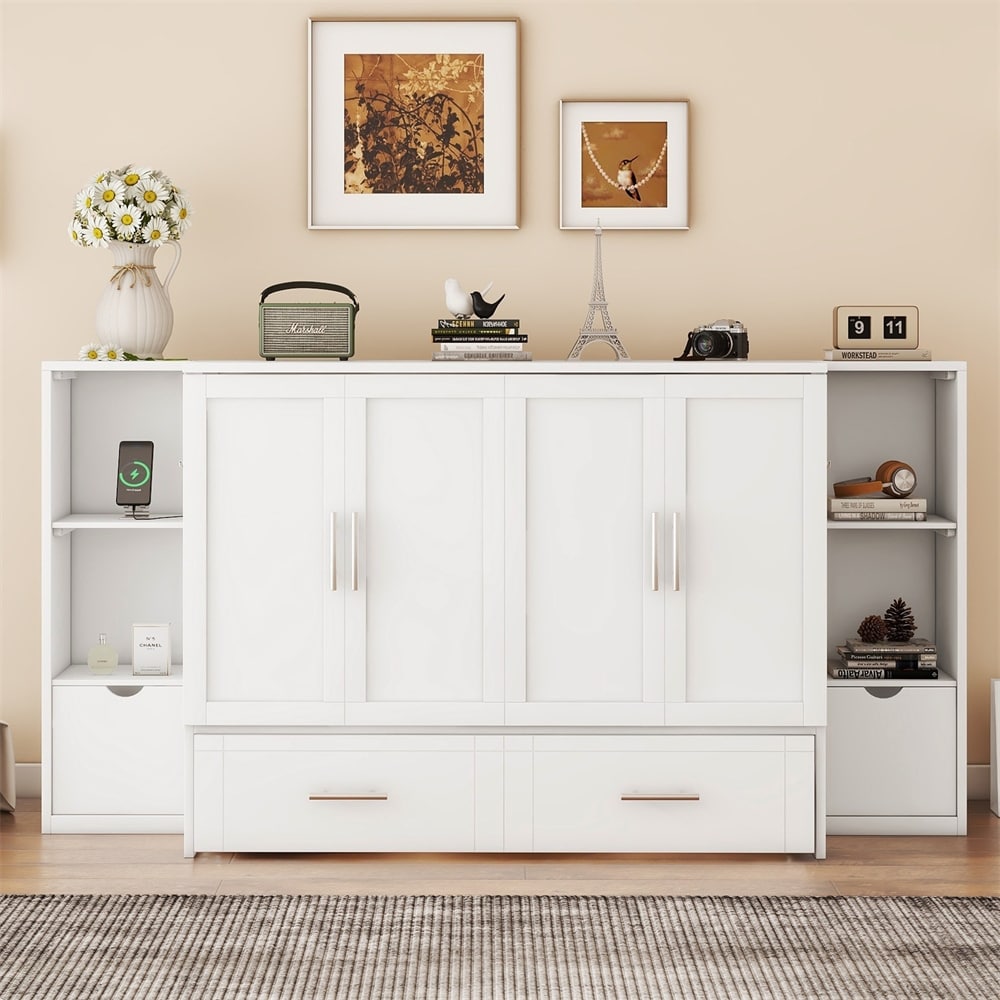Full Size Murphy Bed with Shelves, Drawers and USB Ports
