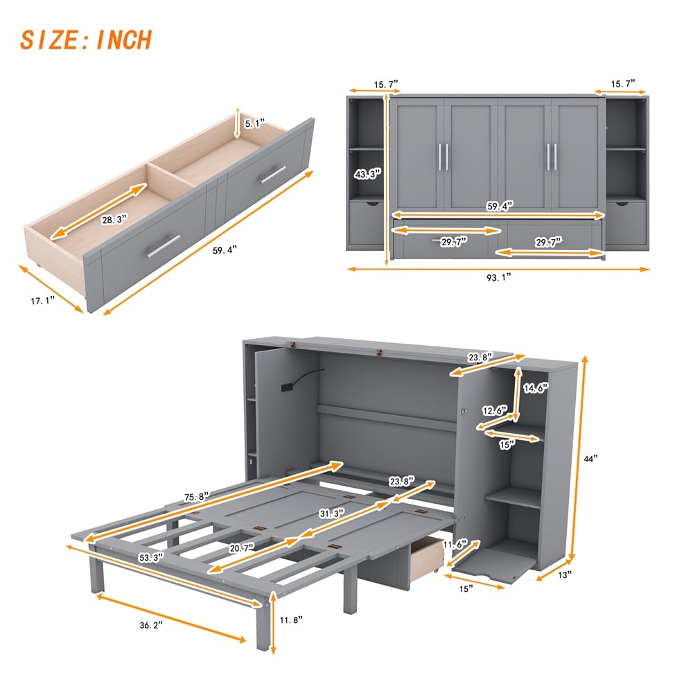 Full Size Murphy Bed with Shelves, Drawers and USB Ports