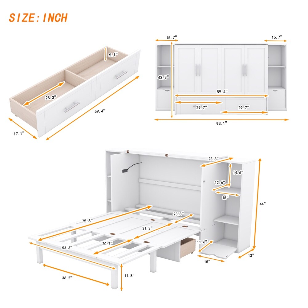 Full Size Murphy Bed with Shelves, Drawers and USB Ports