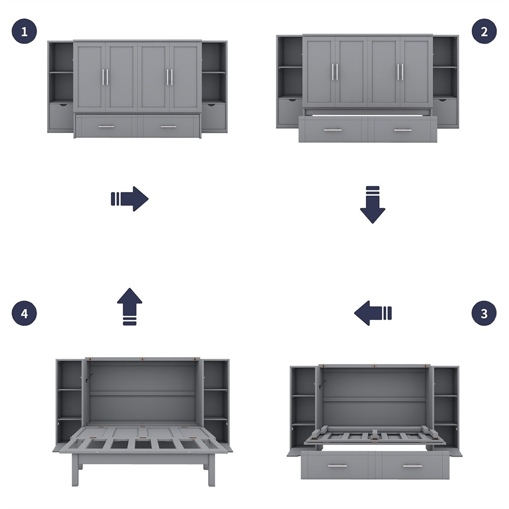 Full Size Murphy Bed with Shelves, Drawers and USB Ports