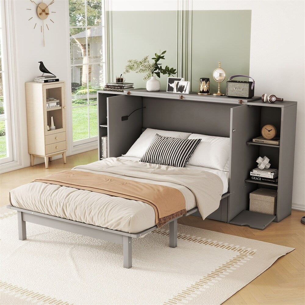 Full Size Murphy Bed with Shelves, Drawers and USB Ports