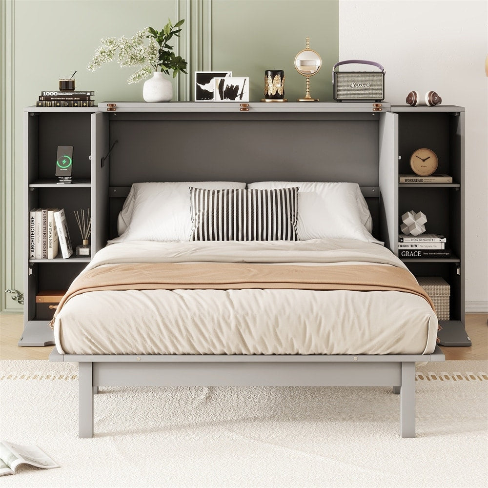 Full Size Murphy Bed with Shelves, Drawers and USB Ports