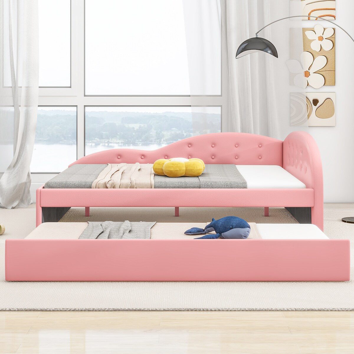 Full Size PU Leather Upholstered Tufted Daybed with Trundle