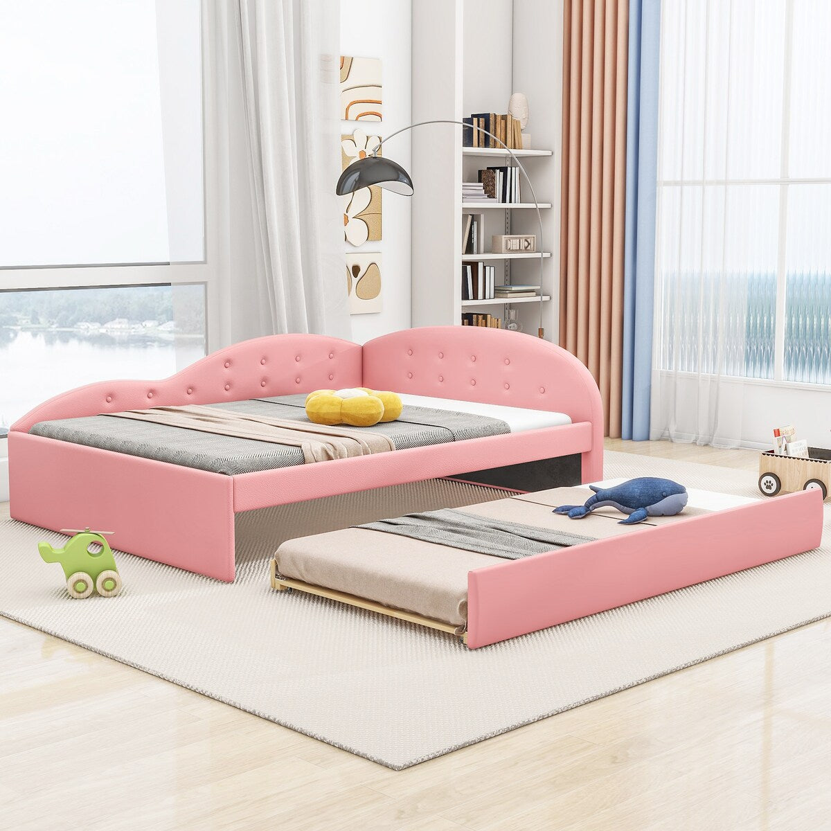 Full Size PU Leather Upholstered Tufted Daybed with Trundle