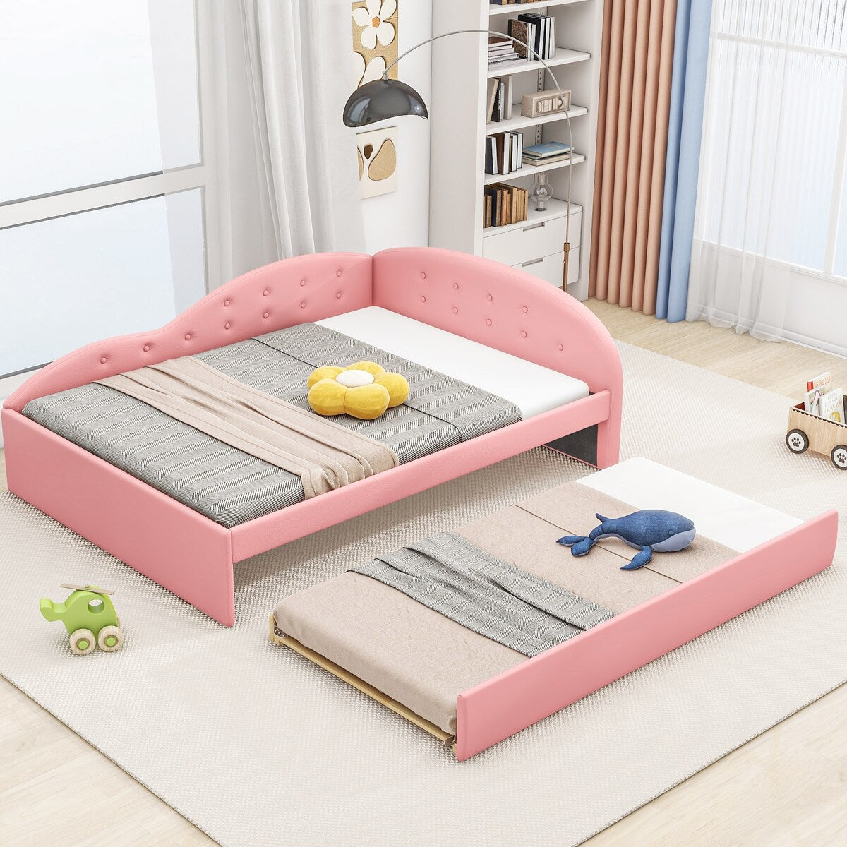 Full Size PU Leather Upholstered Tufted Daybed with Trundle