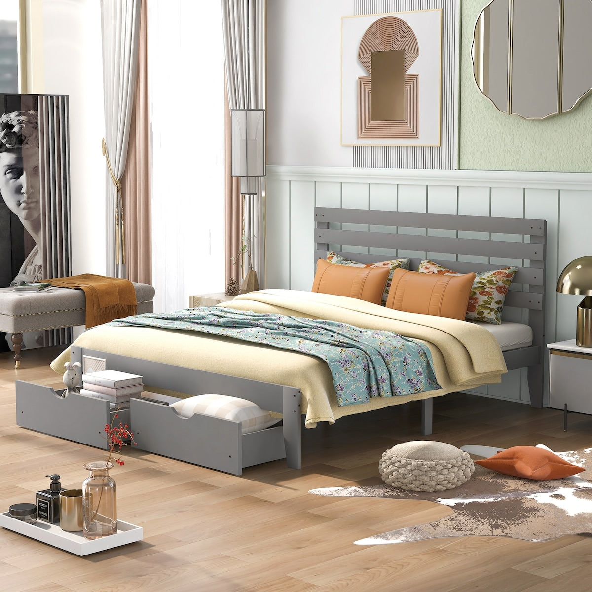 Full Size Pine Wood Platform Bed with Drawers - Modern Design with Under-Bed Storage