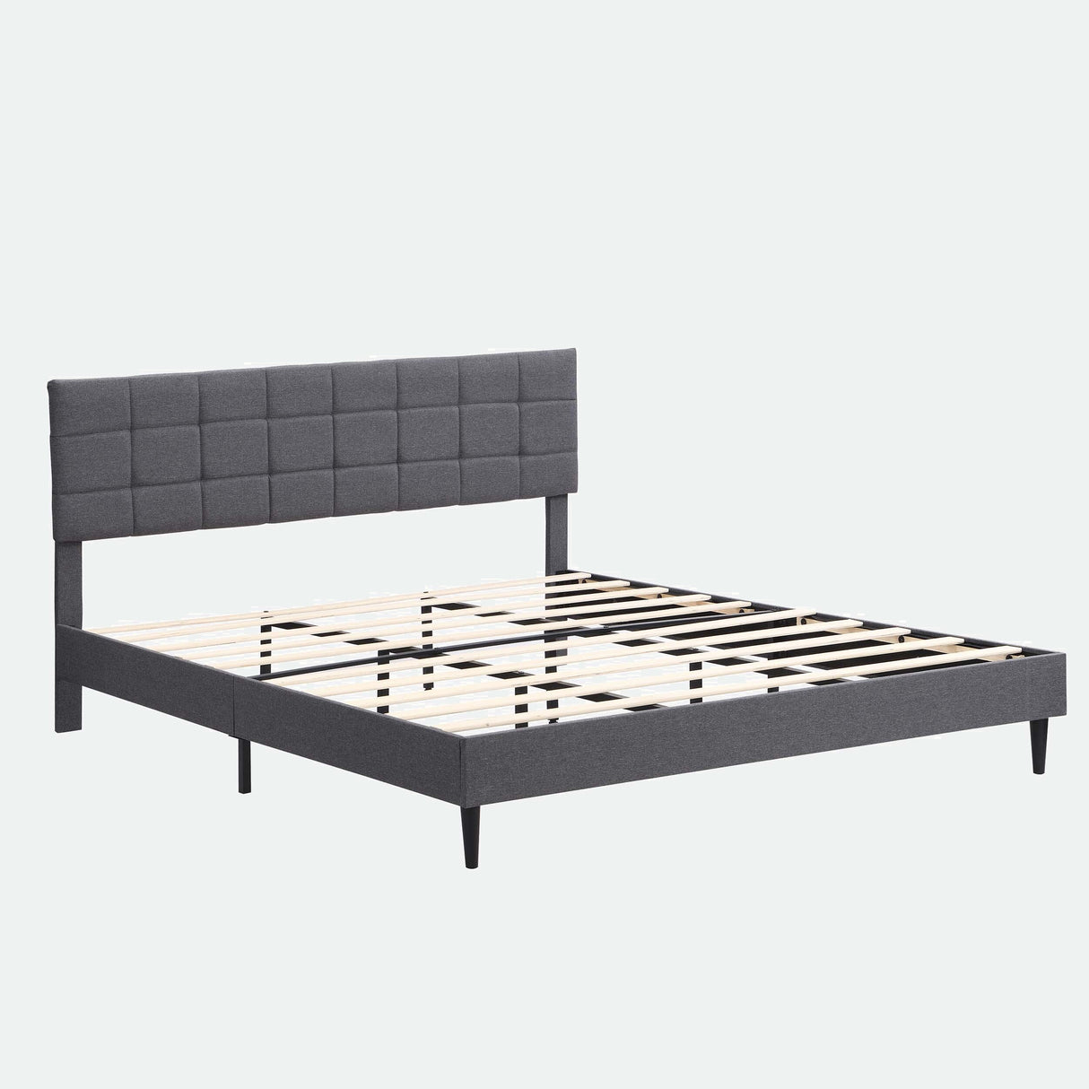 Platform Bed Frame with Fabric Upholstered Headboard and Wooden Slats