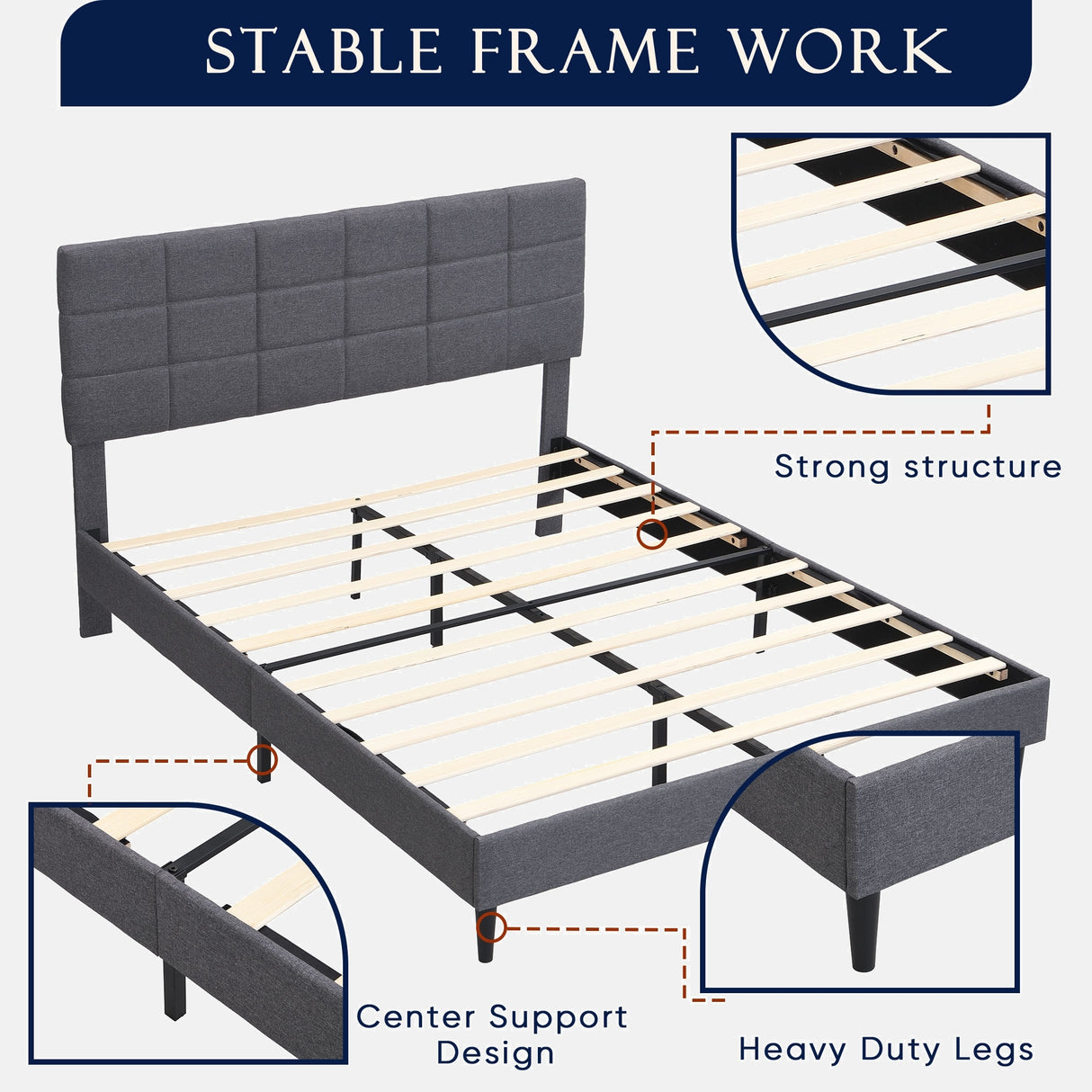 Platform Bed Frame with Fabric Upholstered Headboard and Wooden Slats