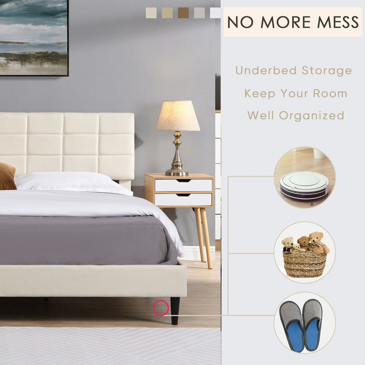 Platform Bed Frame with Fabric Upholstered Headboard and Wooden Slats