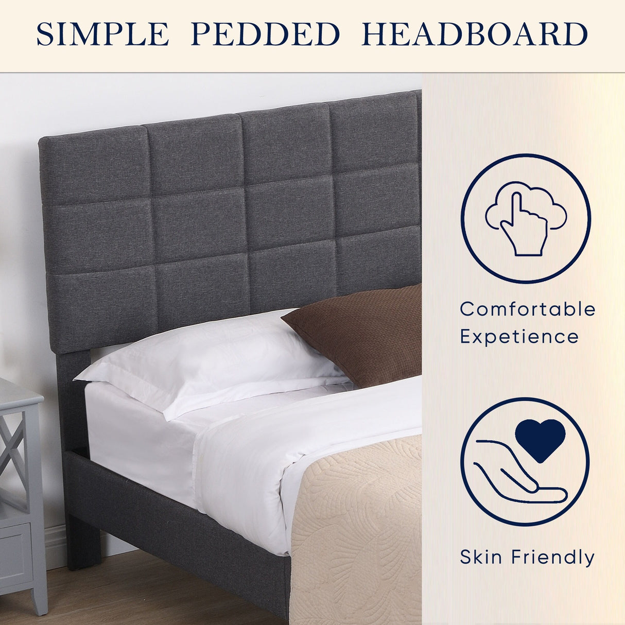 Platform Bed Frame with Fabric Upholstered Headboard and Wooden Slats