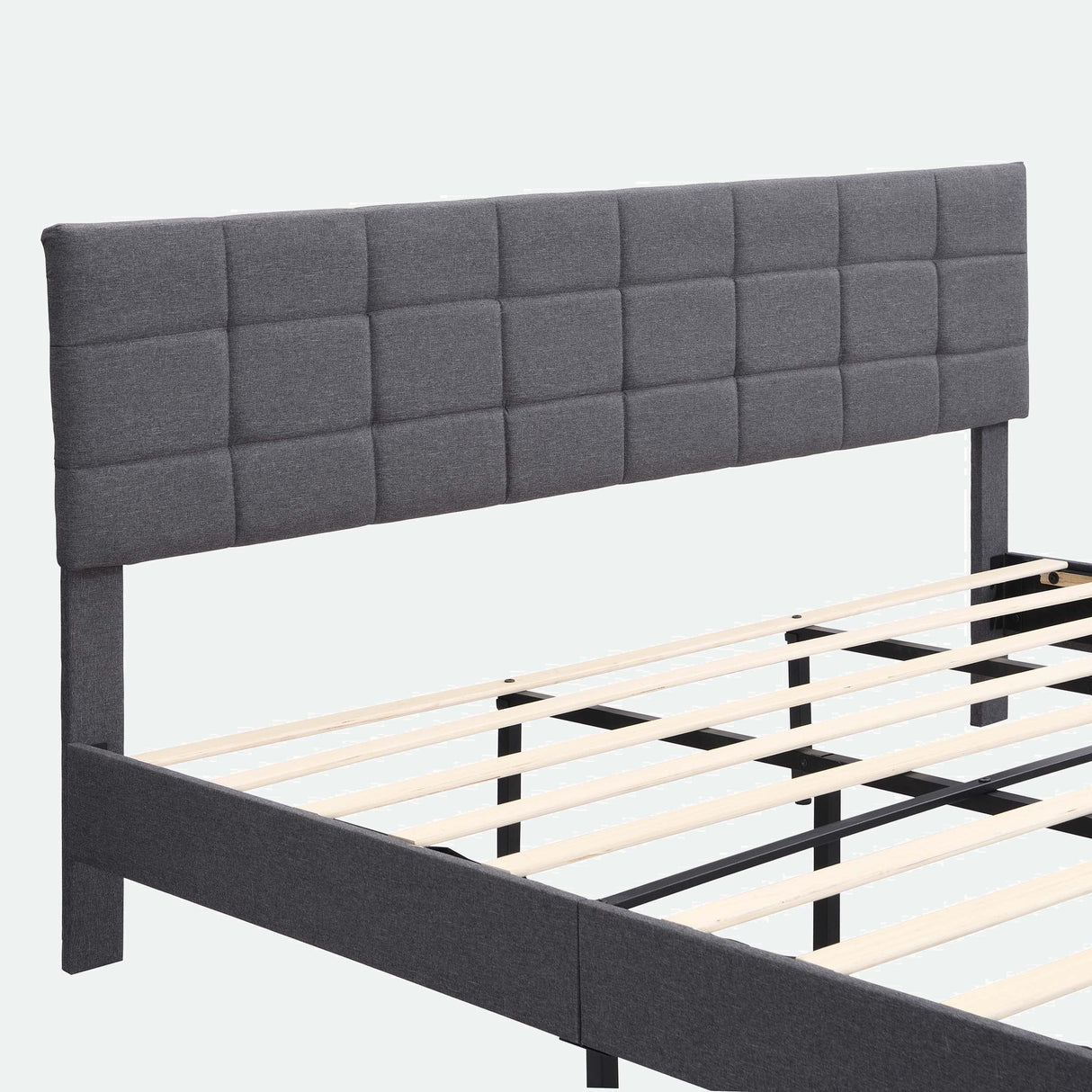 Platform Bed Frame with Fabric Upholstered Headboard and Wooden Slats