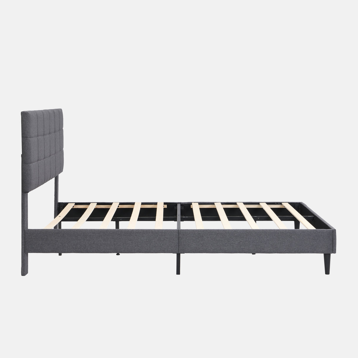 Platform Bed Frame with Fabric Upholstered Headboard and Wooden Slats