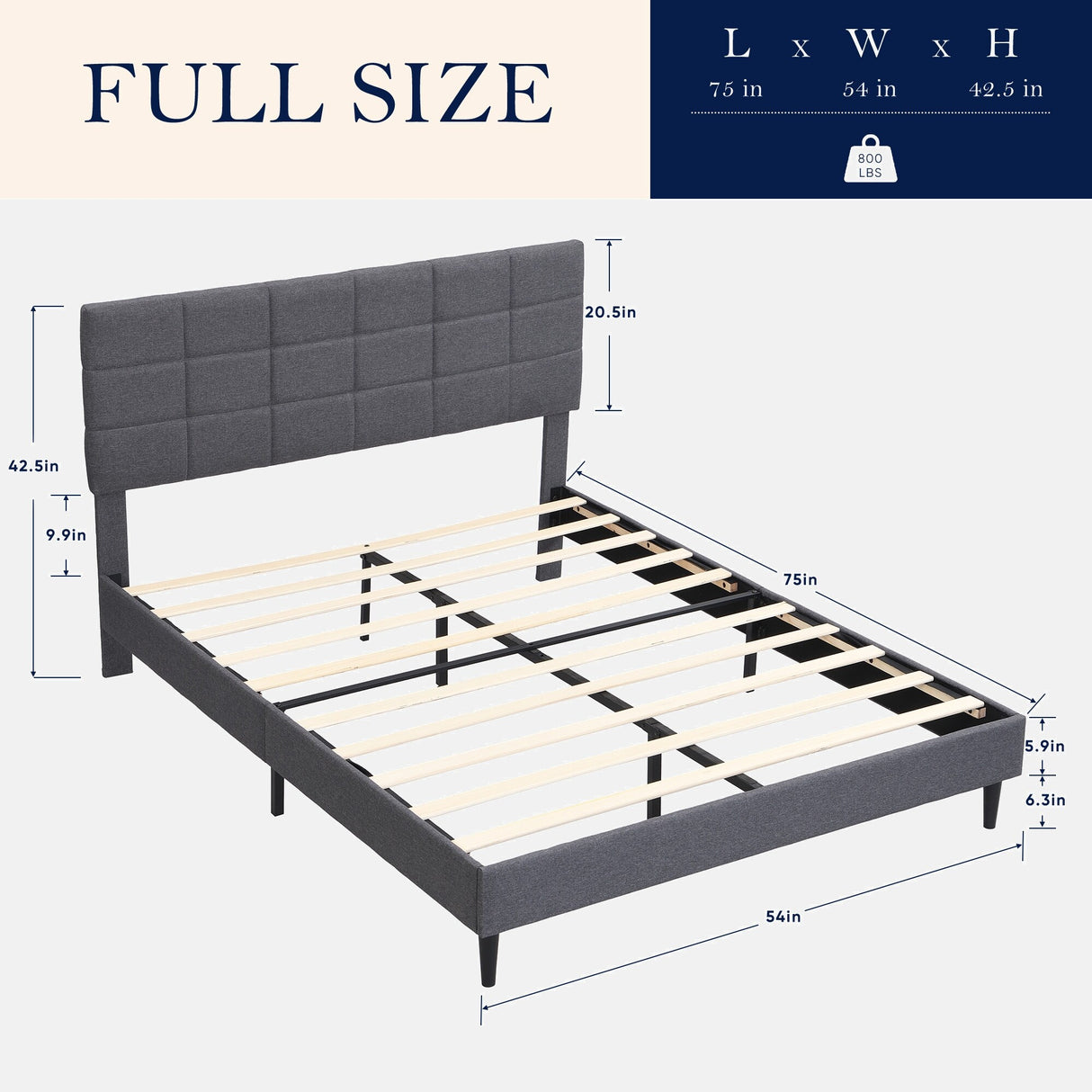 Platform Bed Frame with Fabric Upholstered Headboard and Wooden Slats