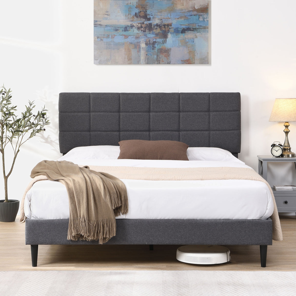 Platform Bed Frame with Fabric Upholstered Headboard and Wooden Slats
