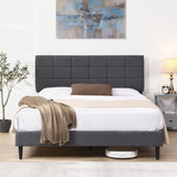 Platform Bed Frame with Fabric Upholstered Headboard and Wooden Slats