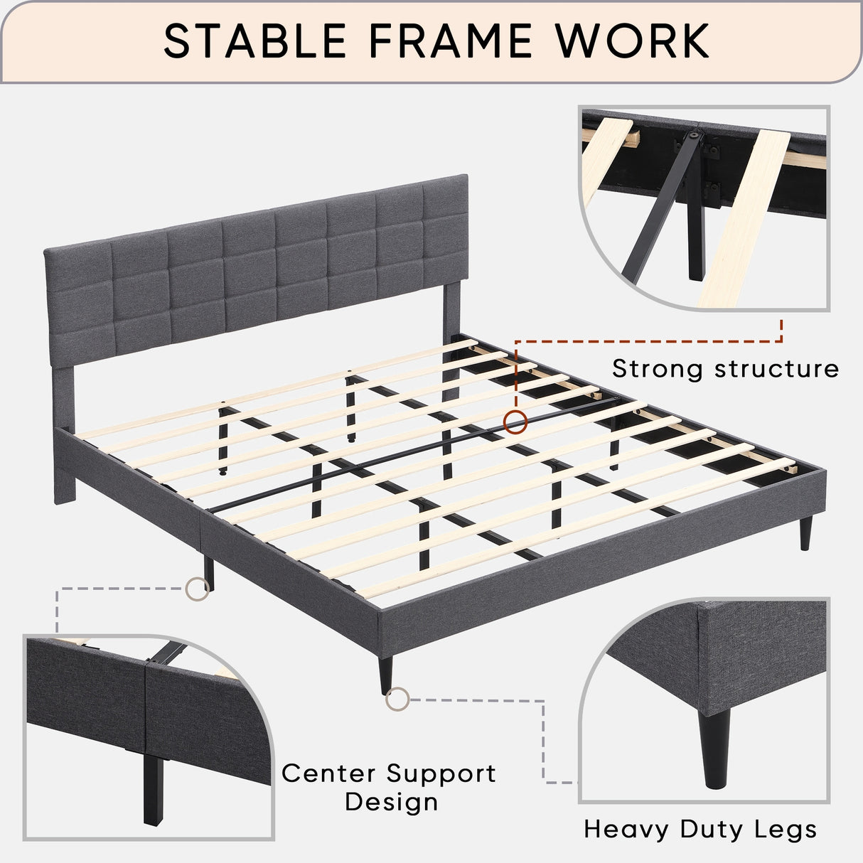 Platform Bed Frame with Fabric Upholstered Headboard and Wooden Slats