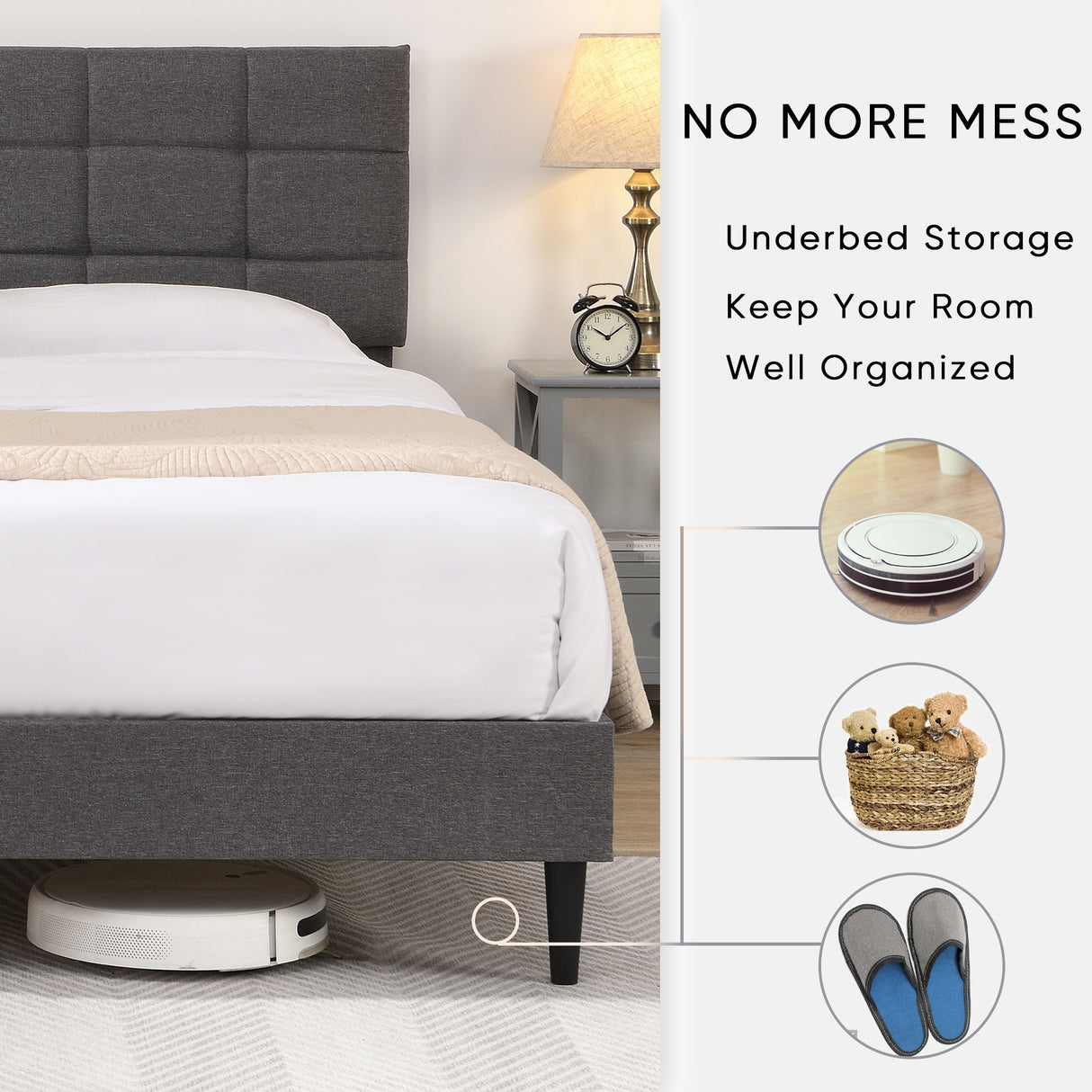 Platform Bed Frame with Fabric Upholstered Headboard and Wooden Slats