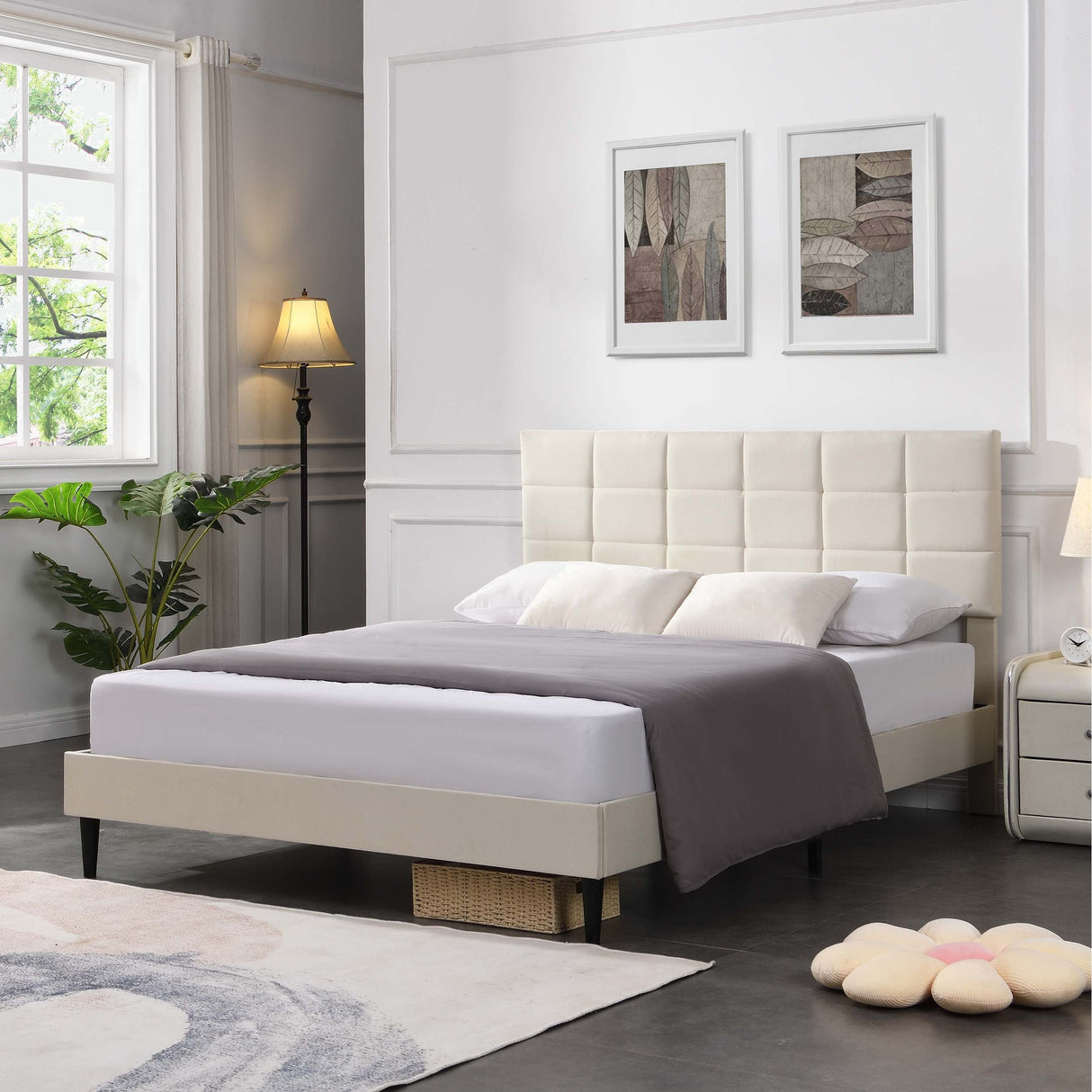 Platform Bed Frame with Fabric Upholstered Headboard and Wooden Slats