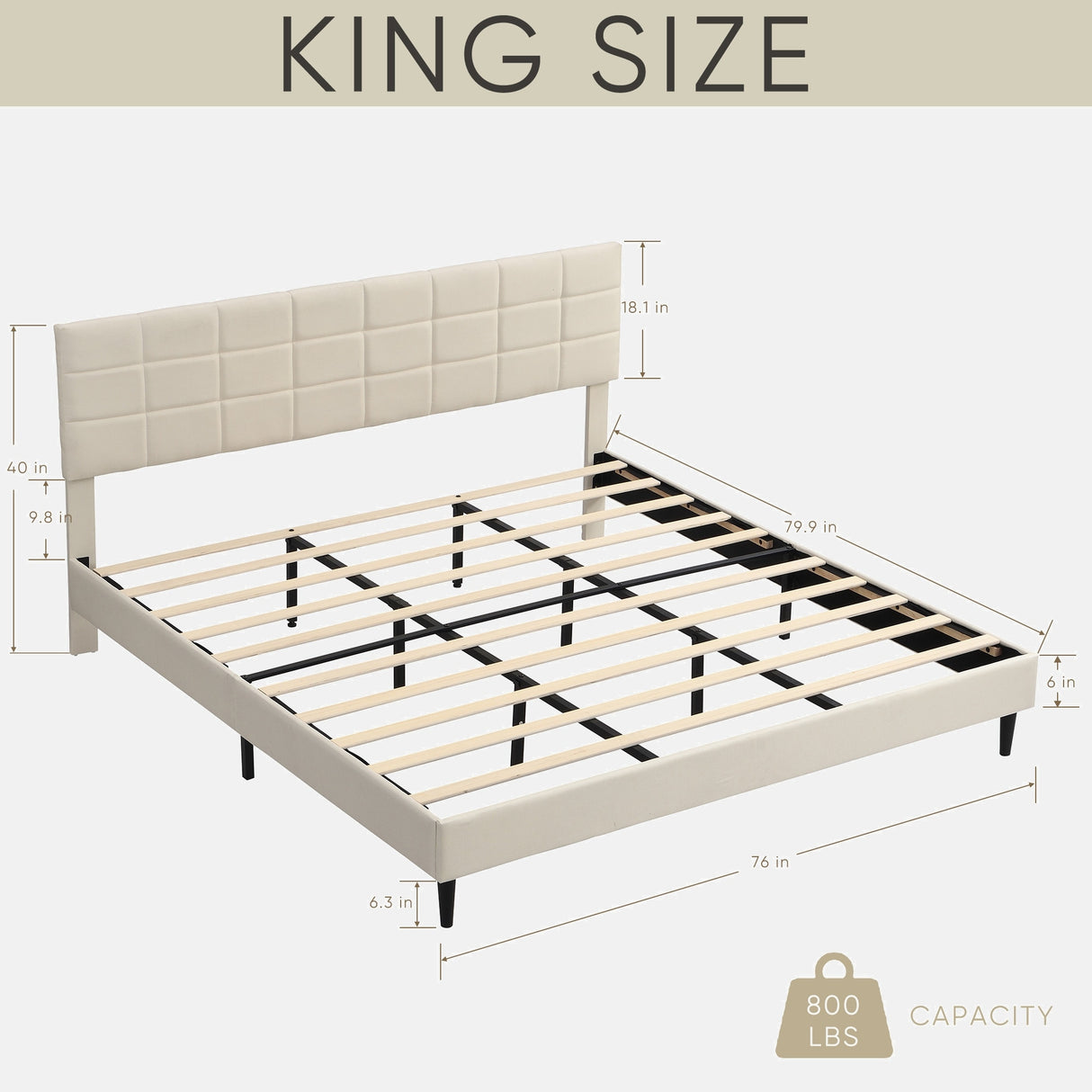 Platform Bed Frame with Fabric Upholstered Headboard and Wooden Slats