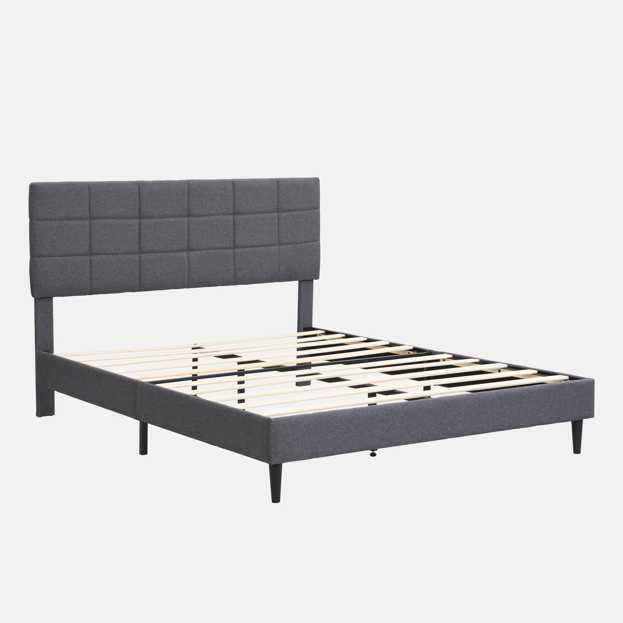 Platform Bed Frame with Fabric Upholstered Headboard and Wooden Slats