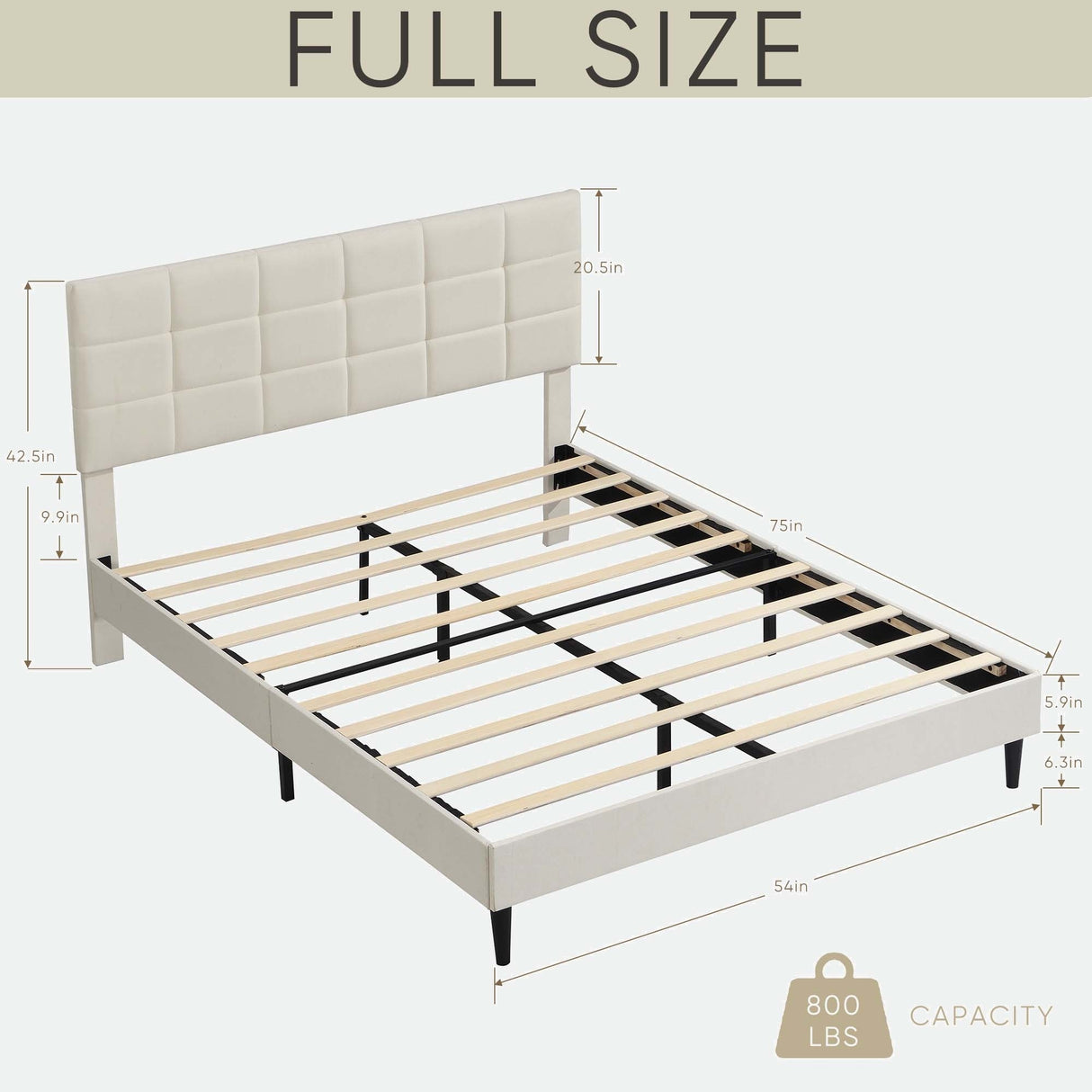 Platform Bed Frame with Fabric Upholstered Headboard and Wooden Slats