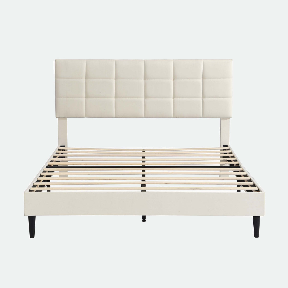 Platform Bed Frame with Fabric Upholstered Headboard and Wooden Slats