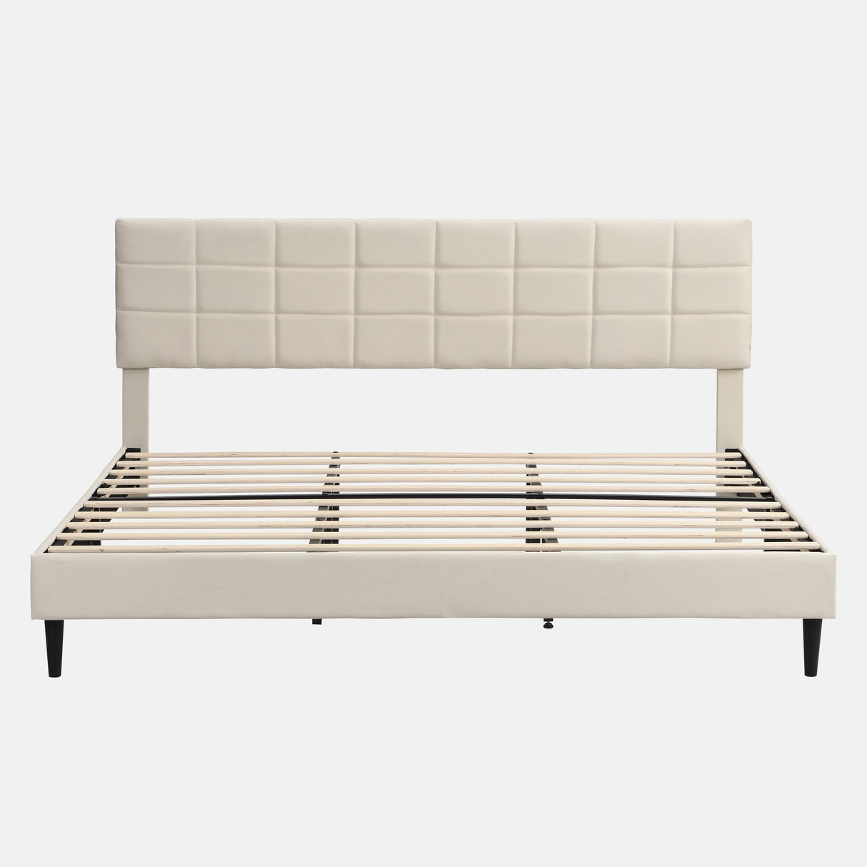 Platform Bed Frame with Fabric Upholstered Headboard and Wooden Slats