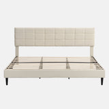 Platform Bed Frame with Fabric Upholstered Headboard and Wooden Slats