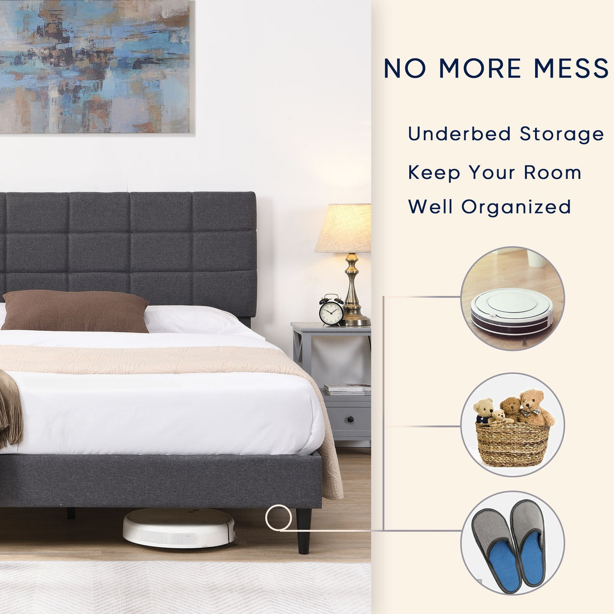 Platform Bed Frame with Fabric Upholstered Headboard and Wooden Slats