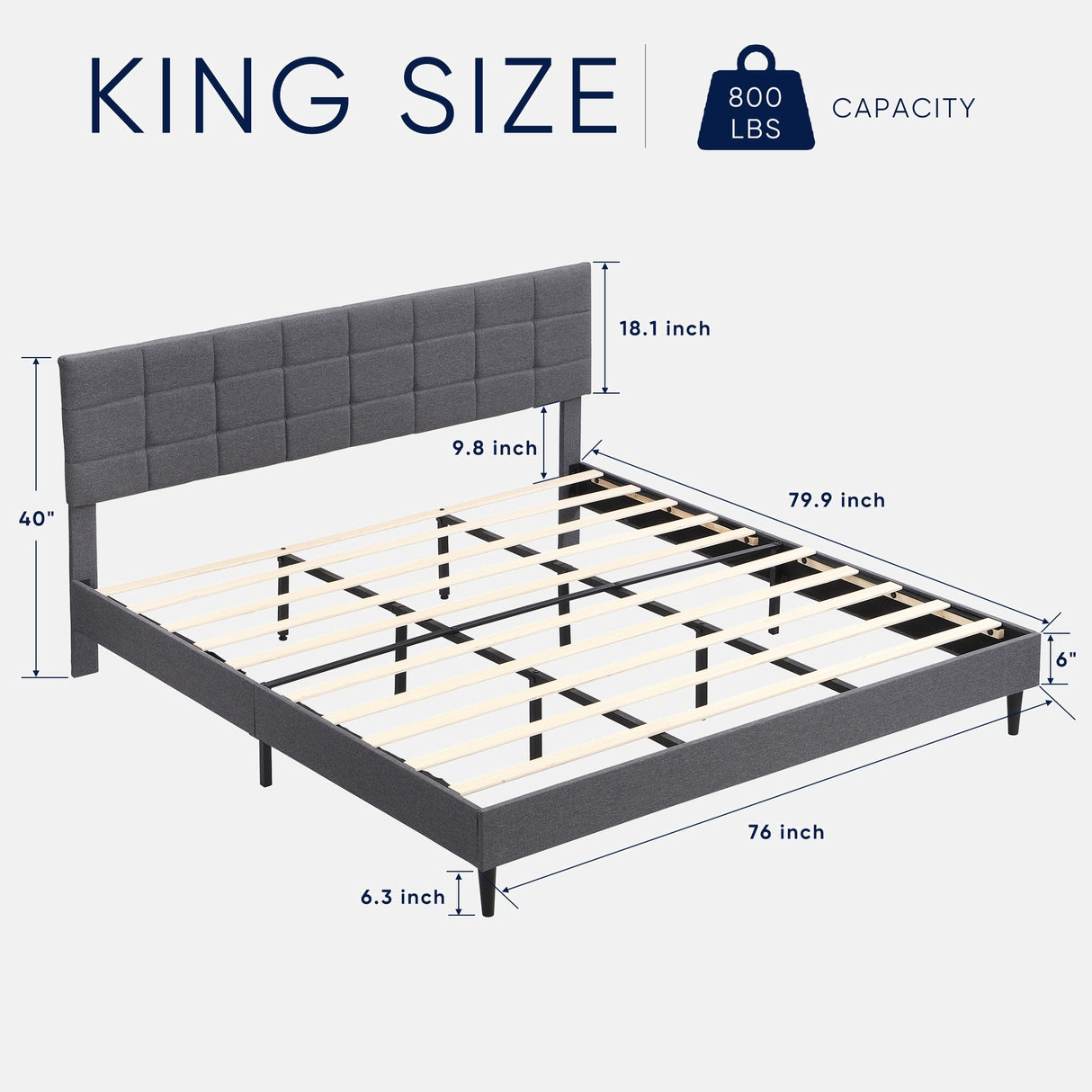 Platform Bed Frame with Fabric Upholstered Headboard and Wooden Slats