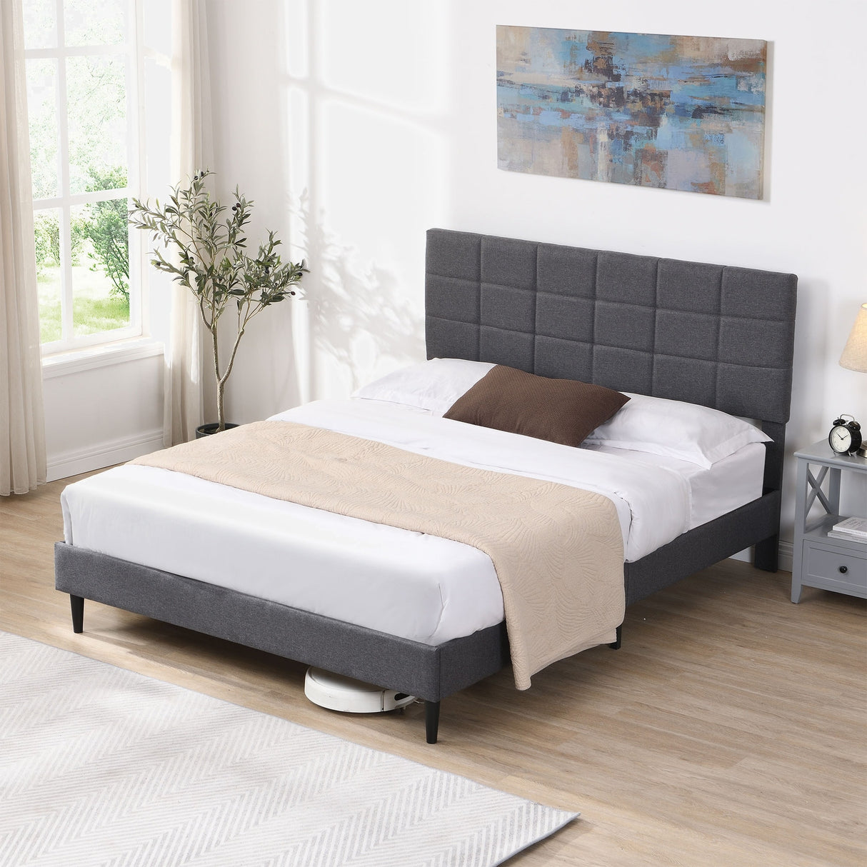 Platform Bed Frame with Fabric Upholstered Headboard and Wooden Slats