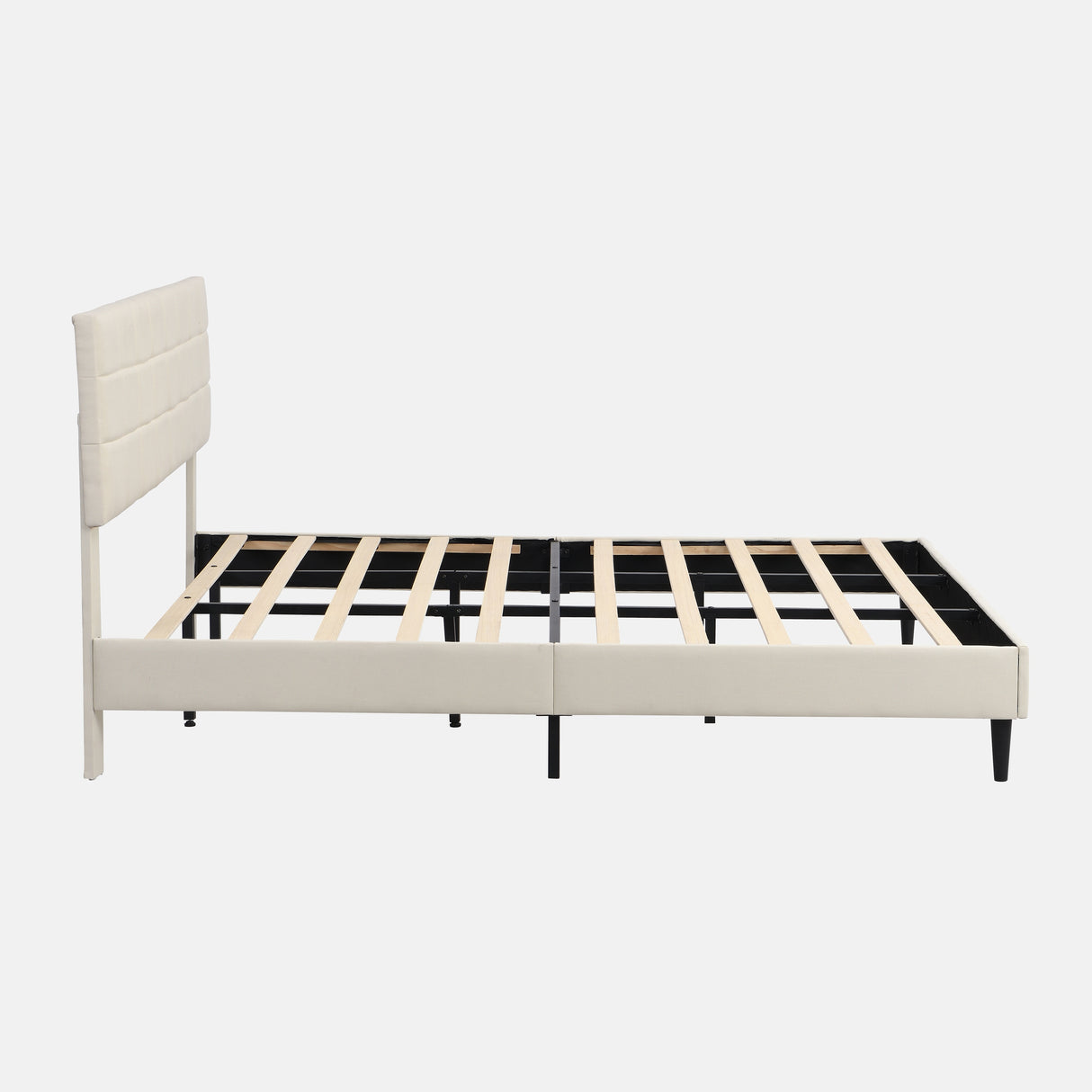 Platform Bed Frame with Fabric Upholstered Headboard and Wooden Slats