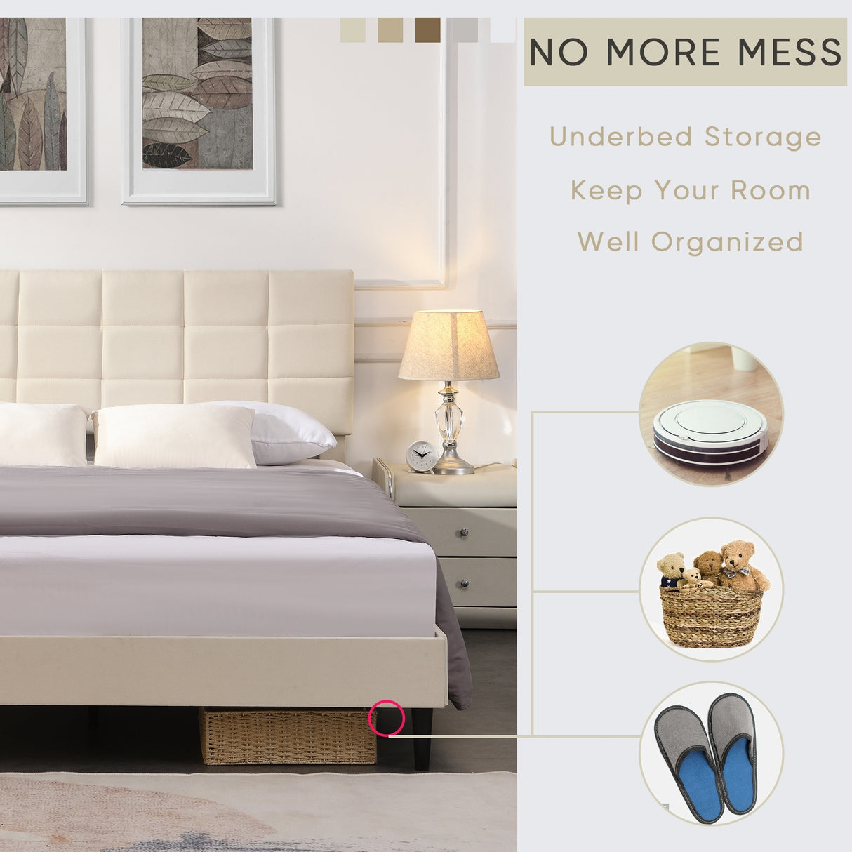 Platform Bed Frame with Fabric Upholstered Headboard and Wooden Slats