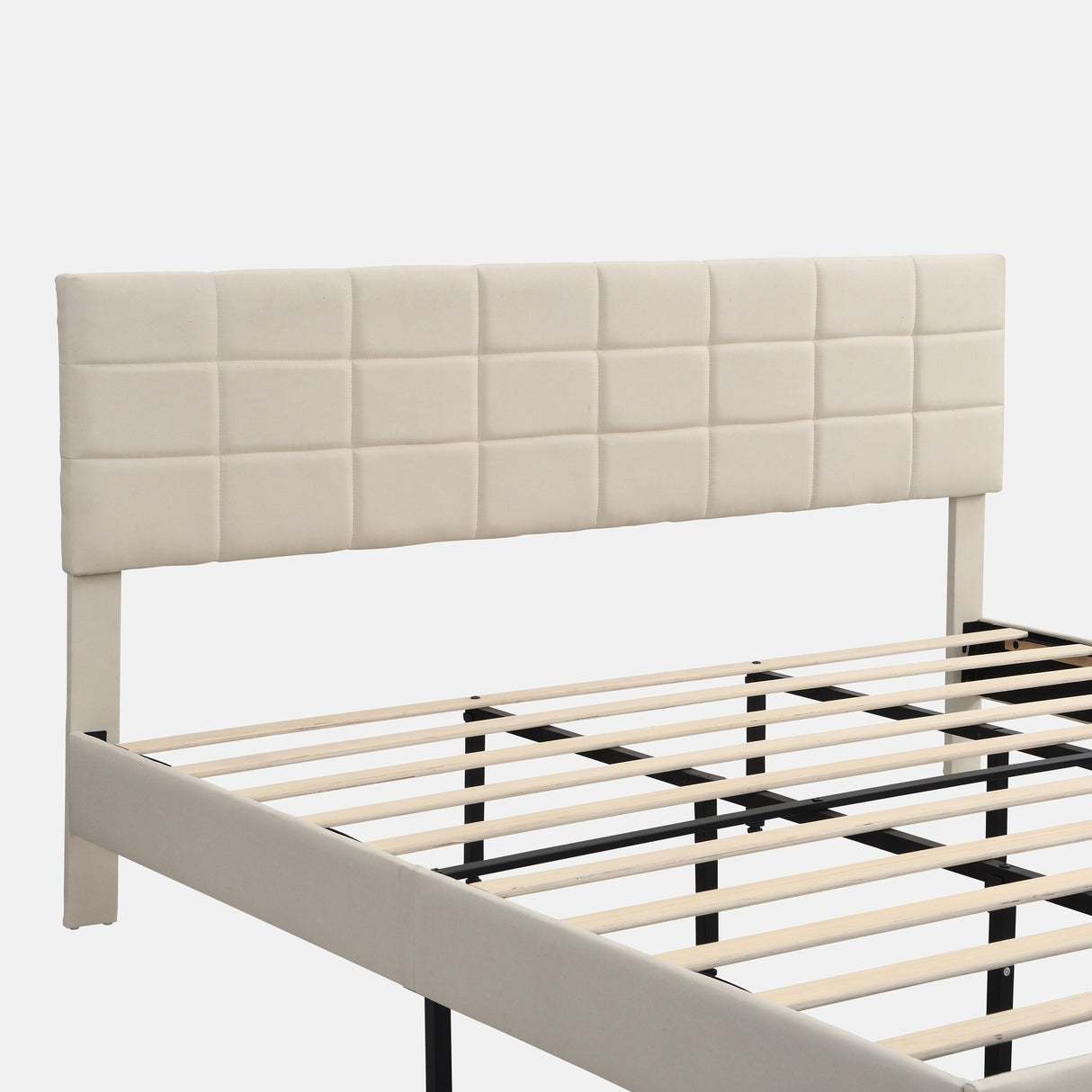 Platform Bed Frame with Fabric Upholstered Headboard and Wooden Slats