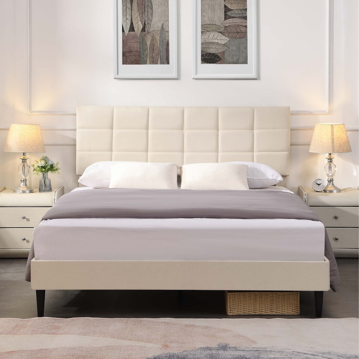 Platform Bed Frame with Fabric Upholstered Headboard and Wooden Slats