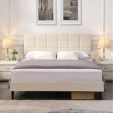 Platform Bed Frame with Fabric Upholstered Headboard and Wooden Slats
