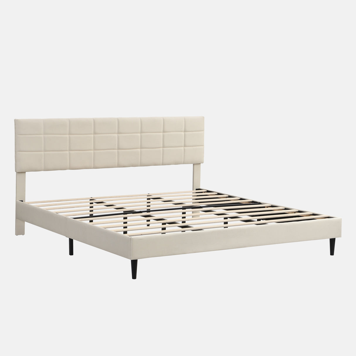 Platform Bed Frame with Fabric Upholstered Headboard and Wooden Slats