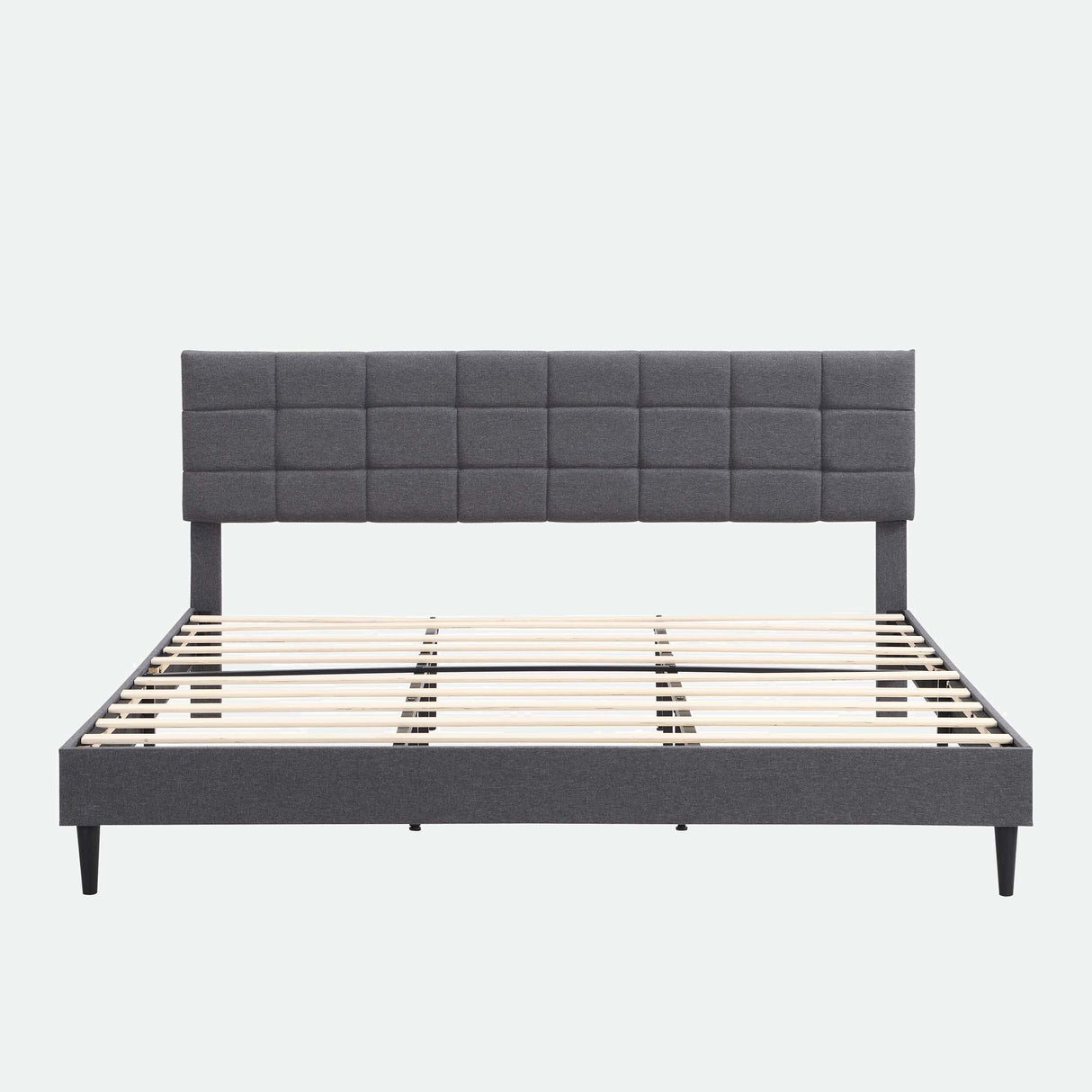 Platform Bed Frame with Fabric Upholstered Headboard and Wooden Slats