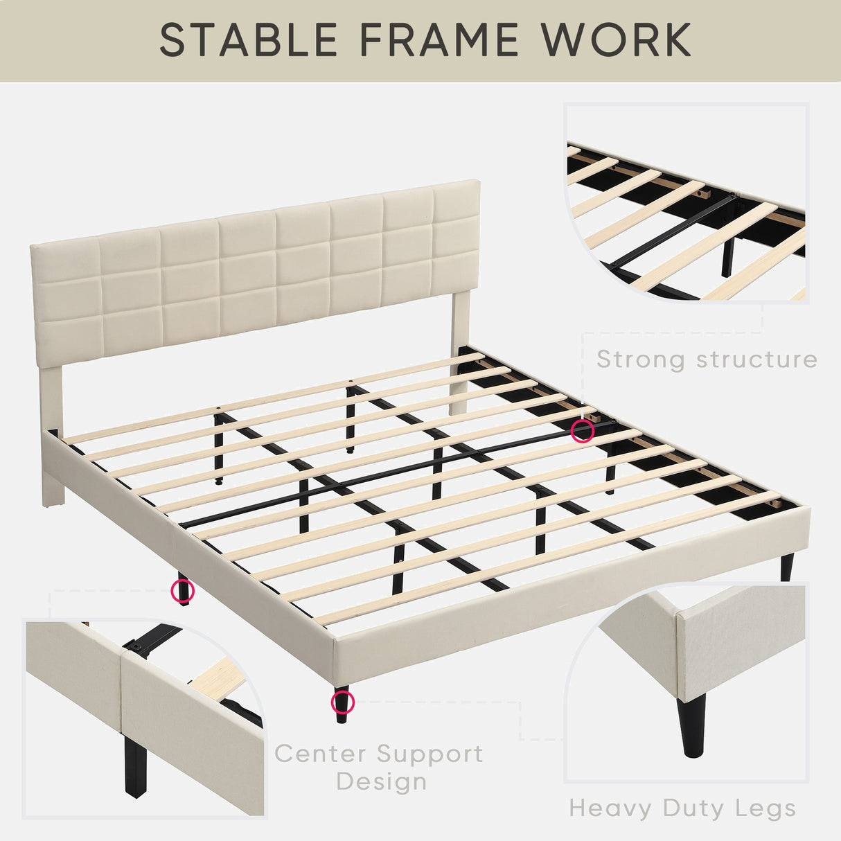 Platform Bed Frame with Fabric Upholstered Headboard and Wooden Slats