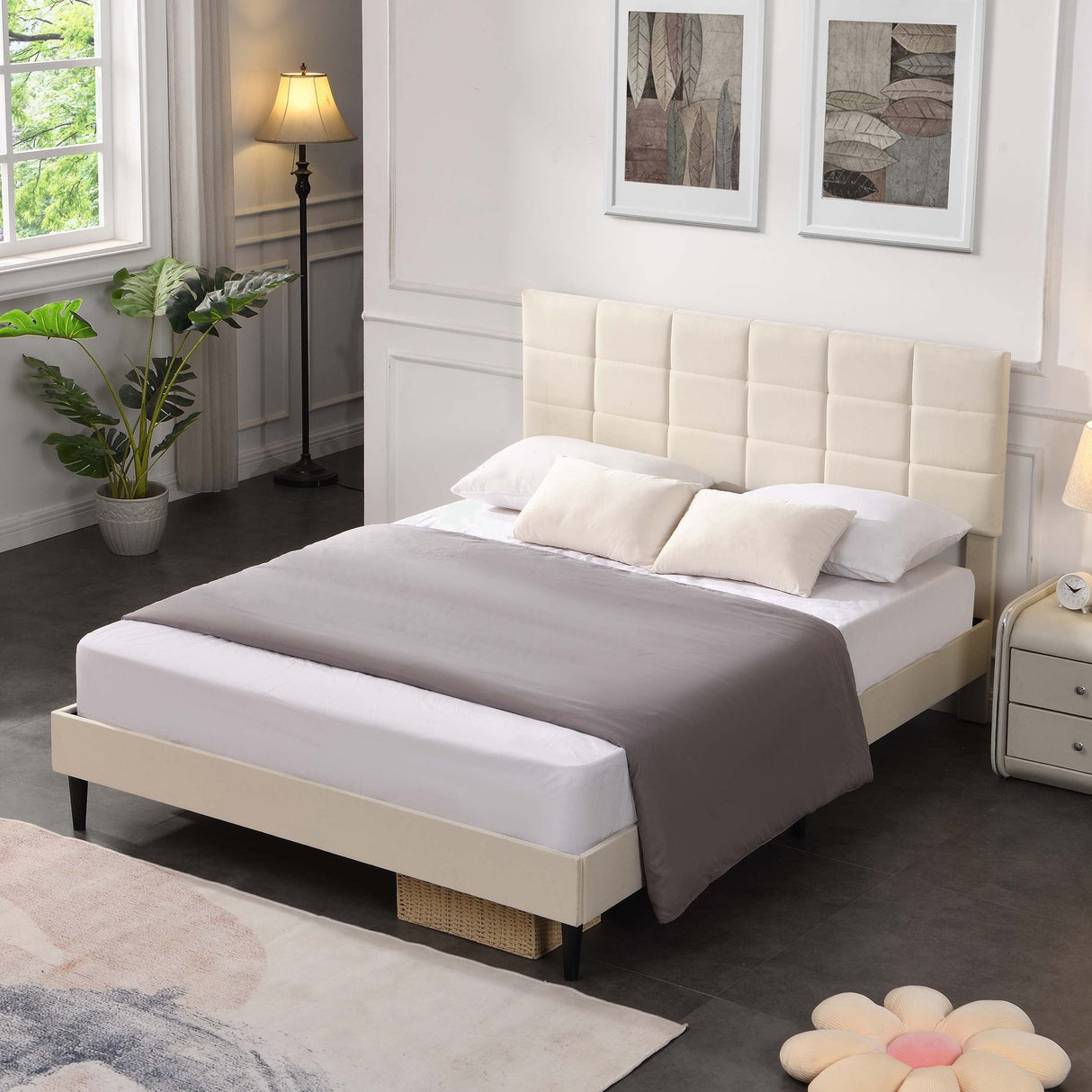 Platform Bed Frame with Fabric Upholstered Headboard and Wooden Slats